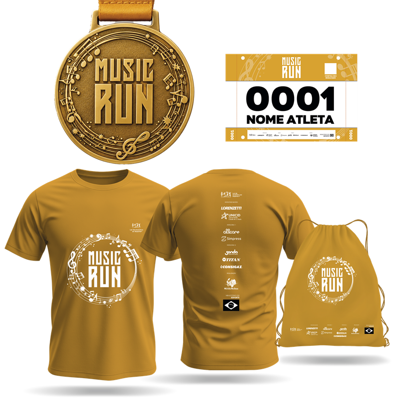 Kit oficial da Music Run 2026: medalha de finisher dourada, número de peito personalizado, camiseta estampada (frente e verso) e sacochila.