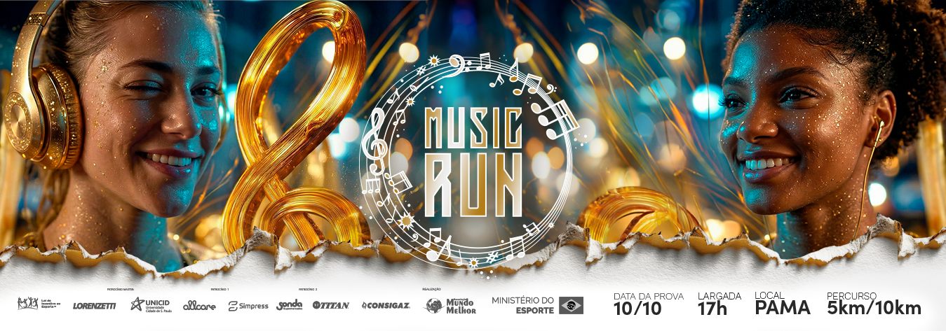 Arte de campanha da Music Run 2026: logotipo em dourado com clave de sol e notas musicais sobre fundo escuro com luzes desfocadas turquesa, ladeado por duas corredoras com fones de ouvido; na base, logos dos patrocinadores e os dados da prova (10/10, largada 17h, local Pama, percurso 5km/10km).