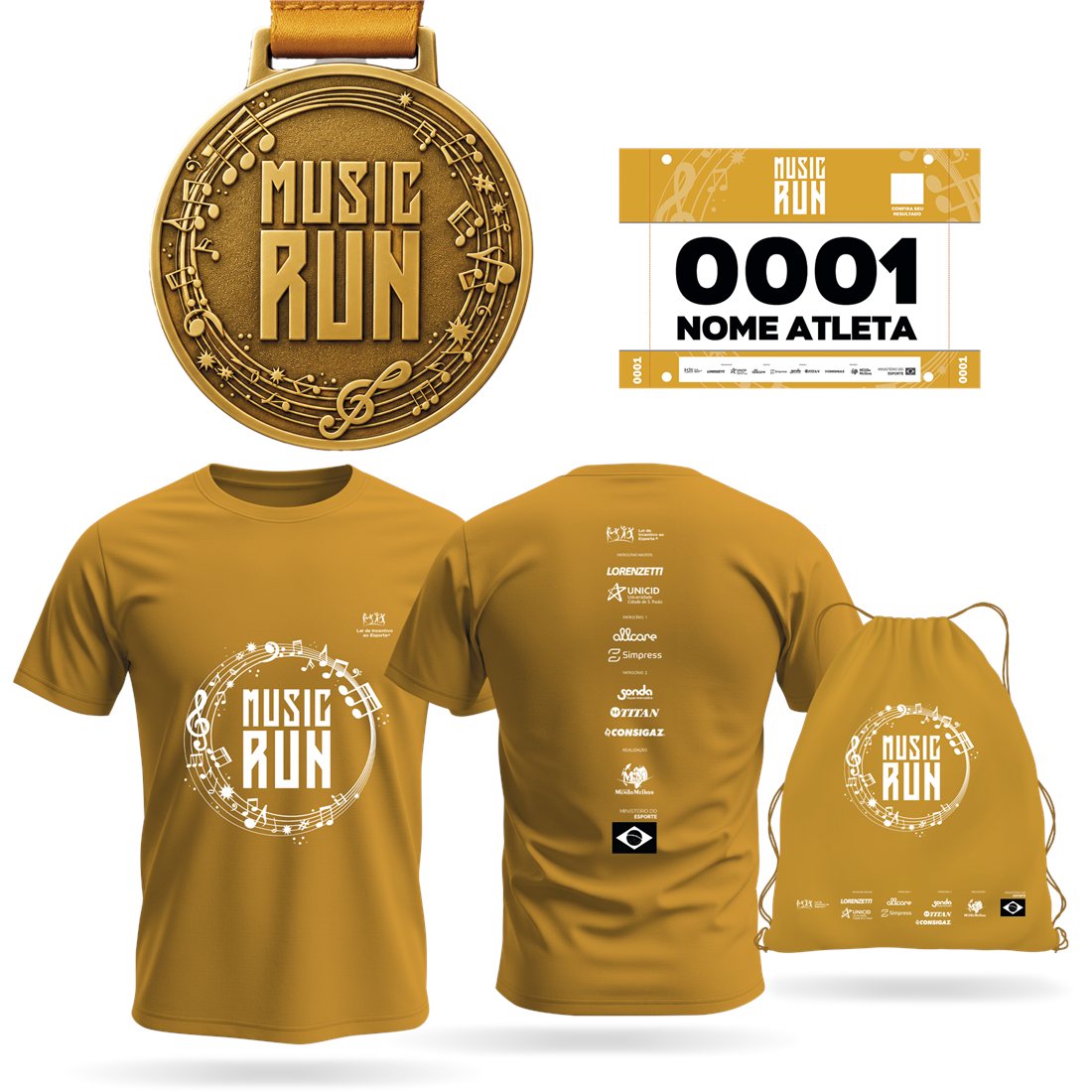 Kit oficial da Music Run 2026: medalha dourada com clave de sol, número de peito personalizado, camiseta estampada (frente e verso, com logos dos patrocinadores) e sacochila.