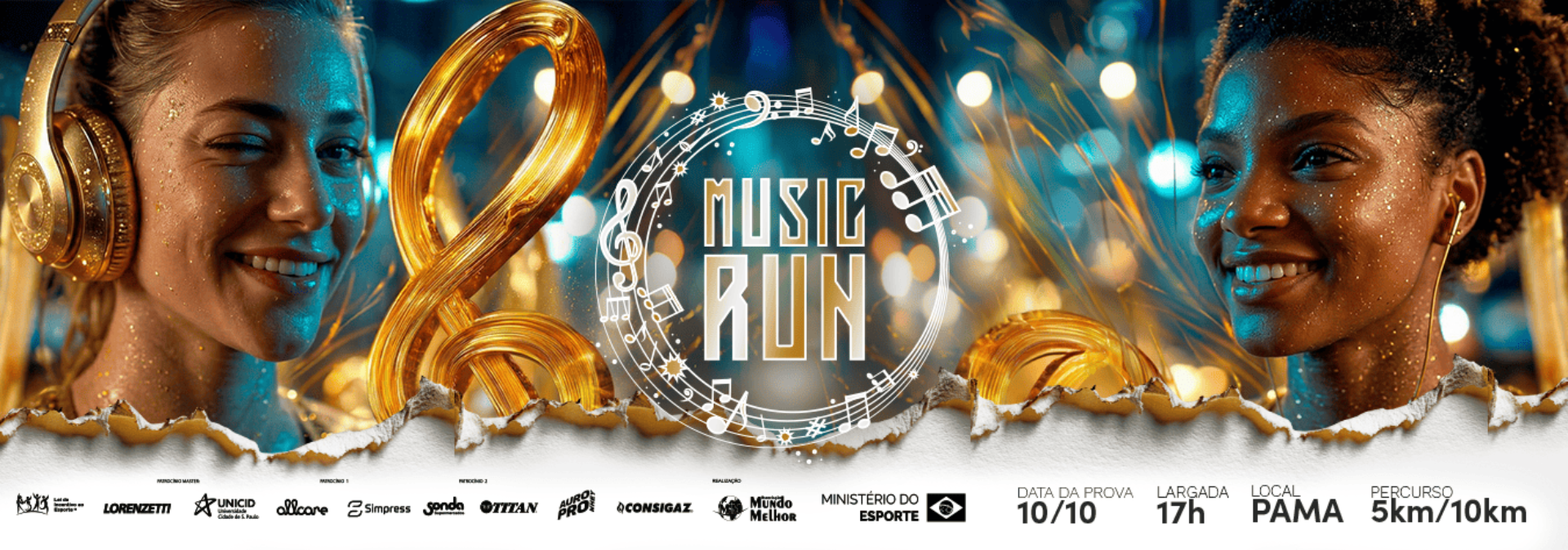 Arte de campanha da Music Run 2026: logotipo em dourado com clave de sol e notas musicais sobre fundo escuro com luzes desfocadas turquesa, ladeado por duas corredoras com fones de ouvido; na base, logos dos patrocinadores e os dados da prova (10/10, largada 17h, local Pama, percurso 5km/10km).