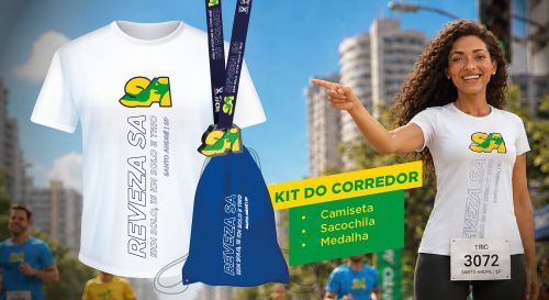 Kit do corredor Reveza SA: camiseta branca com logo, sacochila e medalha azul com fita amarela e verde