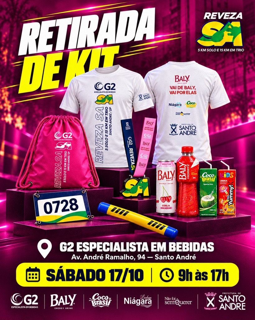 Retirada de kits: G2 Atacadista, 17/10, das 9h às 17h