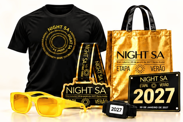 Kit Completo: camiseta, sacola, óculos, número de peito, chip e medalha